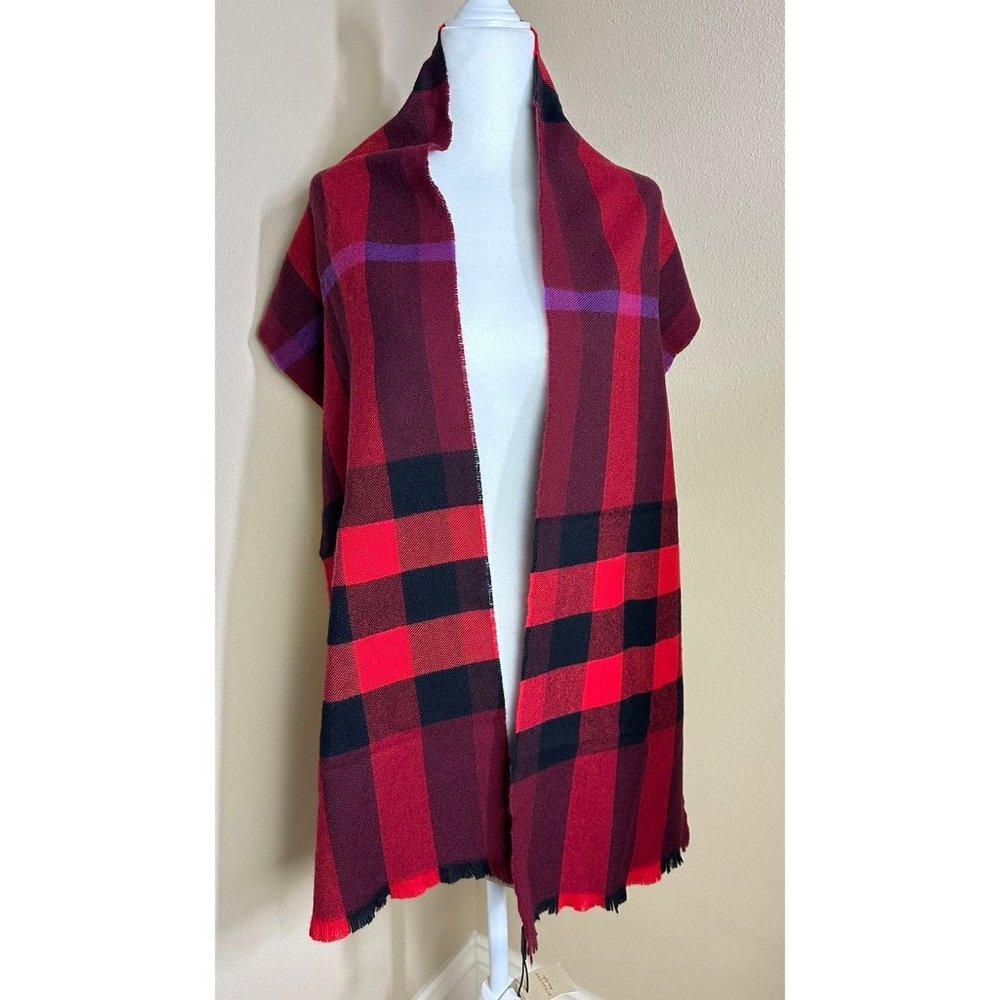 Burberry Wool Cashmere Giant Exploded Nova Check Lash Fringe Scarf Claret - Picture 7 of 8